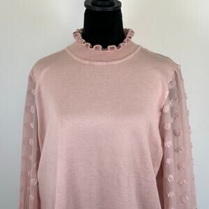Adrianna Papell Pink Sweater, Mesh Sleeves w/Puffy Polka Dots, Sz XL